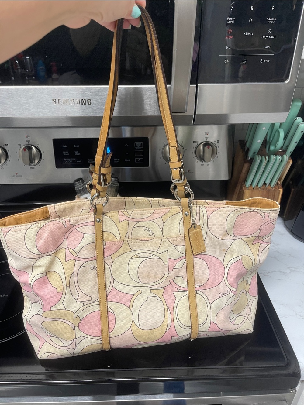Coach Signature Canvas Tote in Pink and Tan Leather Trim